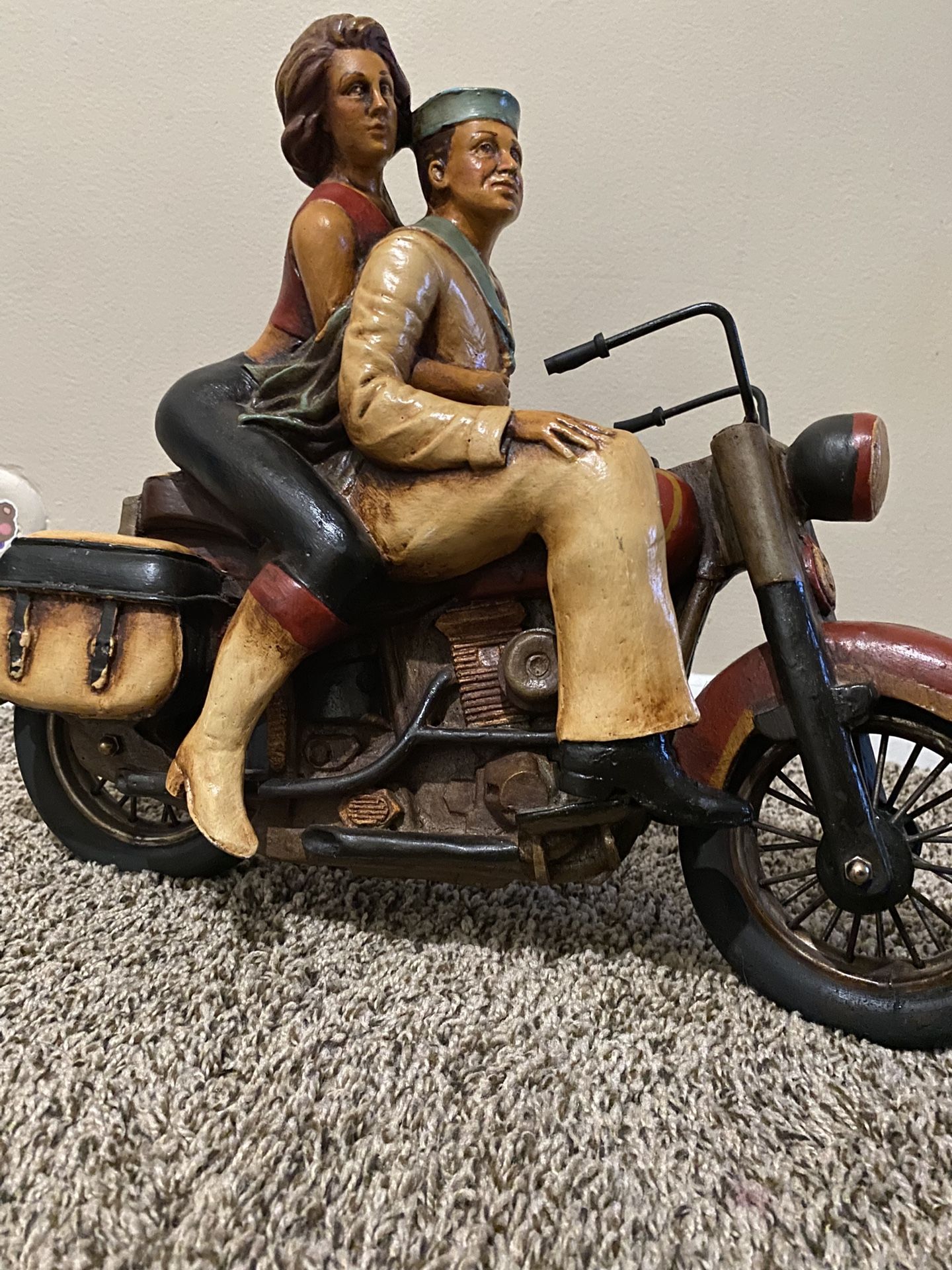 Large Vintage Couple on a Harley Davidson Motorcycle Resin Sculpture1950