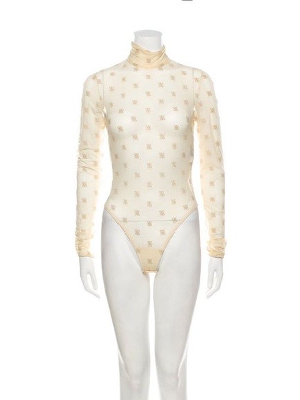 FENDI Karligraphy "FF" Logo High Neck Sheer Bodysuit In Cream/Nude, size Small