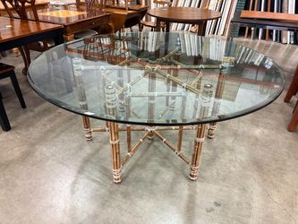 JOHN MCGUIRE Hexagonal Bamboo and Leather Base Dining Table with 3/4 Inch Glass Top