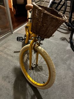 Yellow Kids Bike with Wicker Basket