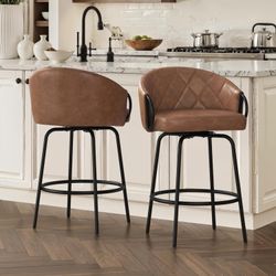 26" Leather Counter Height Bar Stools Set of 2, 360° Swivel Upholstered Barstools with Backs and Metal Legs, Brown