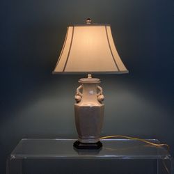 Vintage Designer Decor Chinoiserie fruit Table Lamp in cream crackle glaze with silk shade - OBO 
