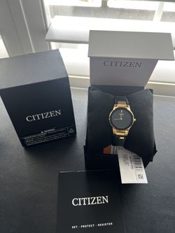 Citizen Axiom Eco-Drive Women's Quartz Watch Black Leather Gold Stainless Steel