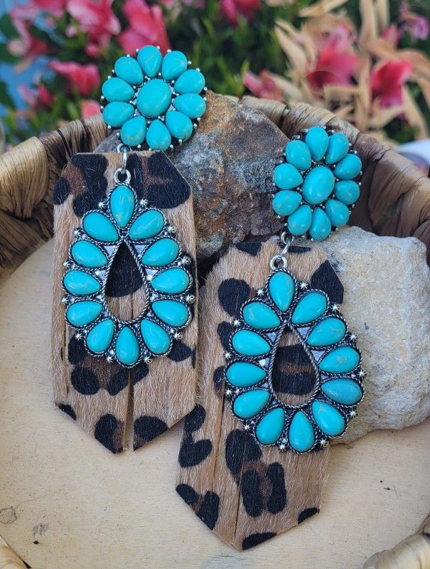 Western Silver Tone Faux Turquoise Concho Earrings