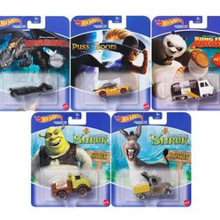 (5) 2023 Hot Wheels Character Cars DreamWorks Shrek Donkey Po Ping Puss in Boots