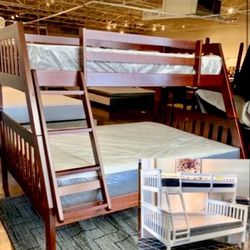 New Twin Over Full Bunk Beds Complete With Plush Mattresses. (White or Cappuccino).   And A Free Delivery 