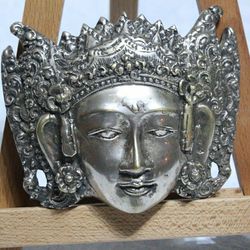 Vintage Hindu Goddess Heavy Pewter Metal Wall Mask Hand Crafted