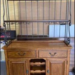 Beautiful Wood Hutch, Bakers Cabinet Or Bar. 2 Pieces. Shelves. Wine Glass Holders. Wine Storage And Covered Storages With shelves And Doors