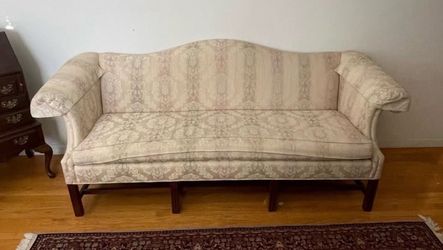 Vintage Traditional Damask Upholstered Camelback Sofa