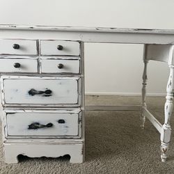Cute Vintage Style Wooden Desk. Off white, distressed, shabby chic/farmhouse finish.