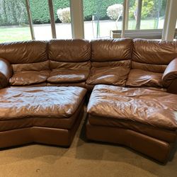 Large Comfy Curved Leather Sofa with Ottomans