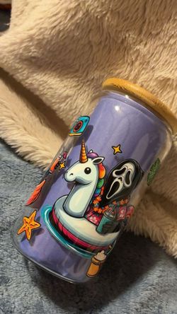 Glass Can Cup with Novelty Horror Unicorn Print