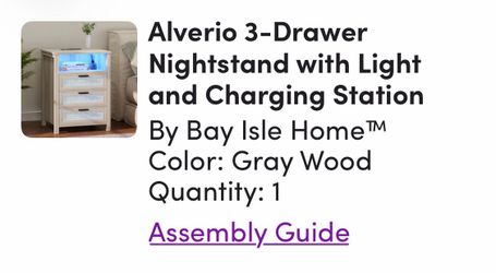 NEW Alverio 3-Drawer Nightstand w/ LED Light & Charging Station – Gray