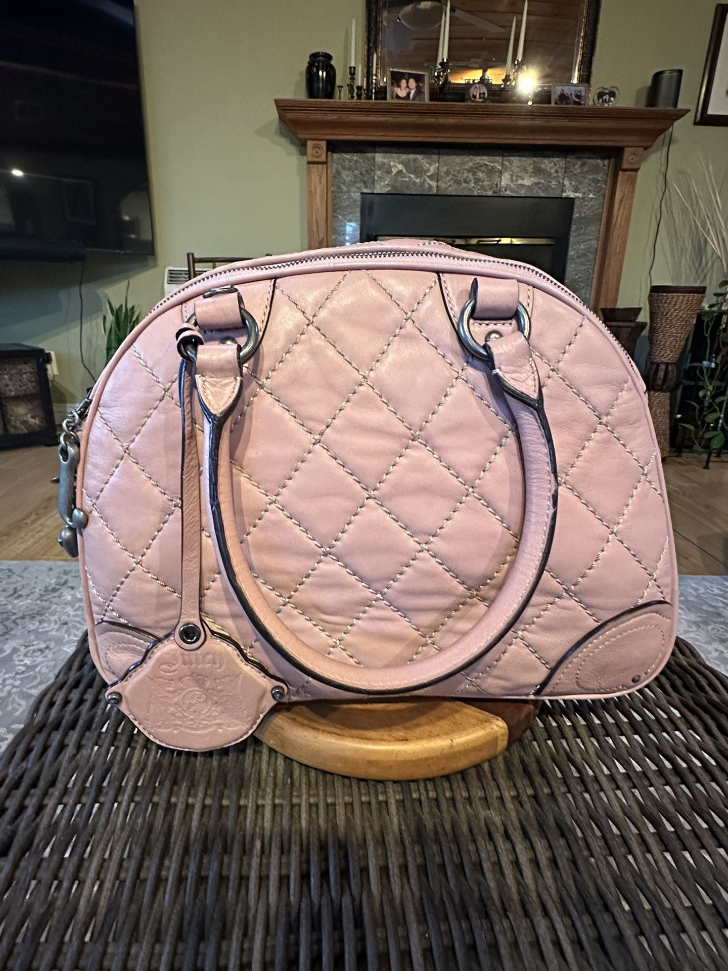 RARE Vintage Y2K Pink Quilted Leather Juicy Couture Pet Carrier With Detachable Strap