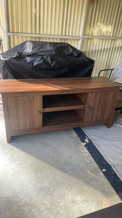 Walnut color heavy tv stand with cabinets and shelves entertainment center
