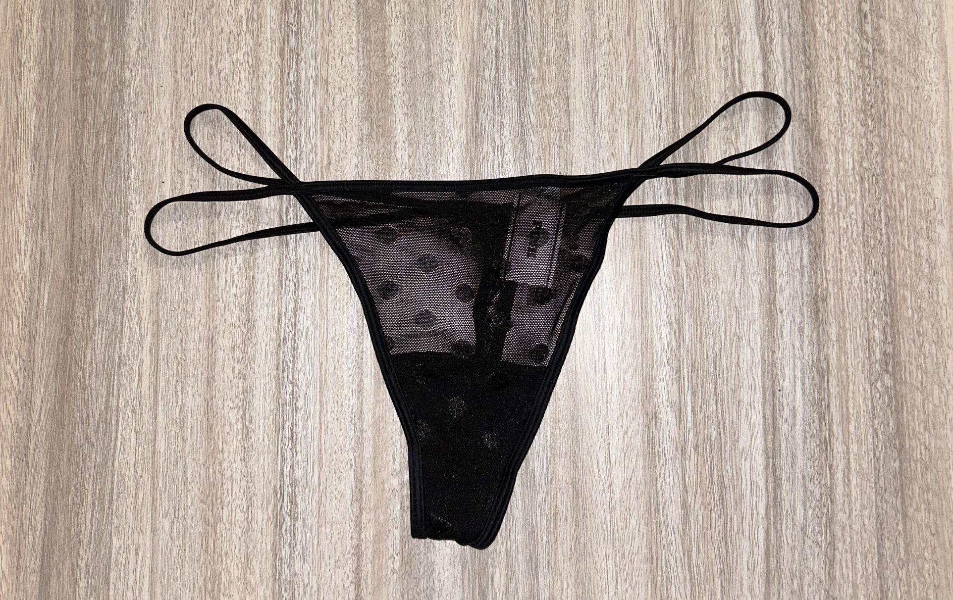 New Victoria Secret PINK panties Thong Large Straps Polka Dots Mesh Black
