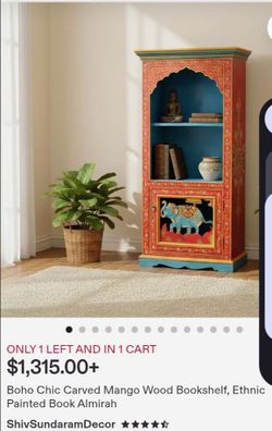 Boho Chic Carved Mango Wood Bookshelf, Ethnic Painted Book Almirah