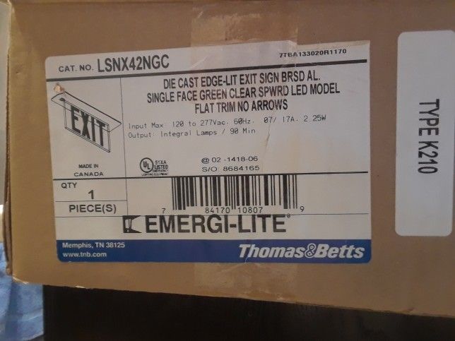 EXIT Sign - LED. THOMAS & BETTS Model# LSNX42NGC