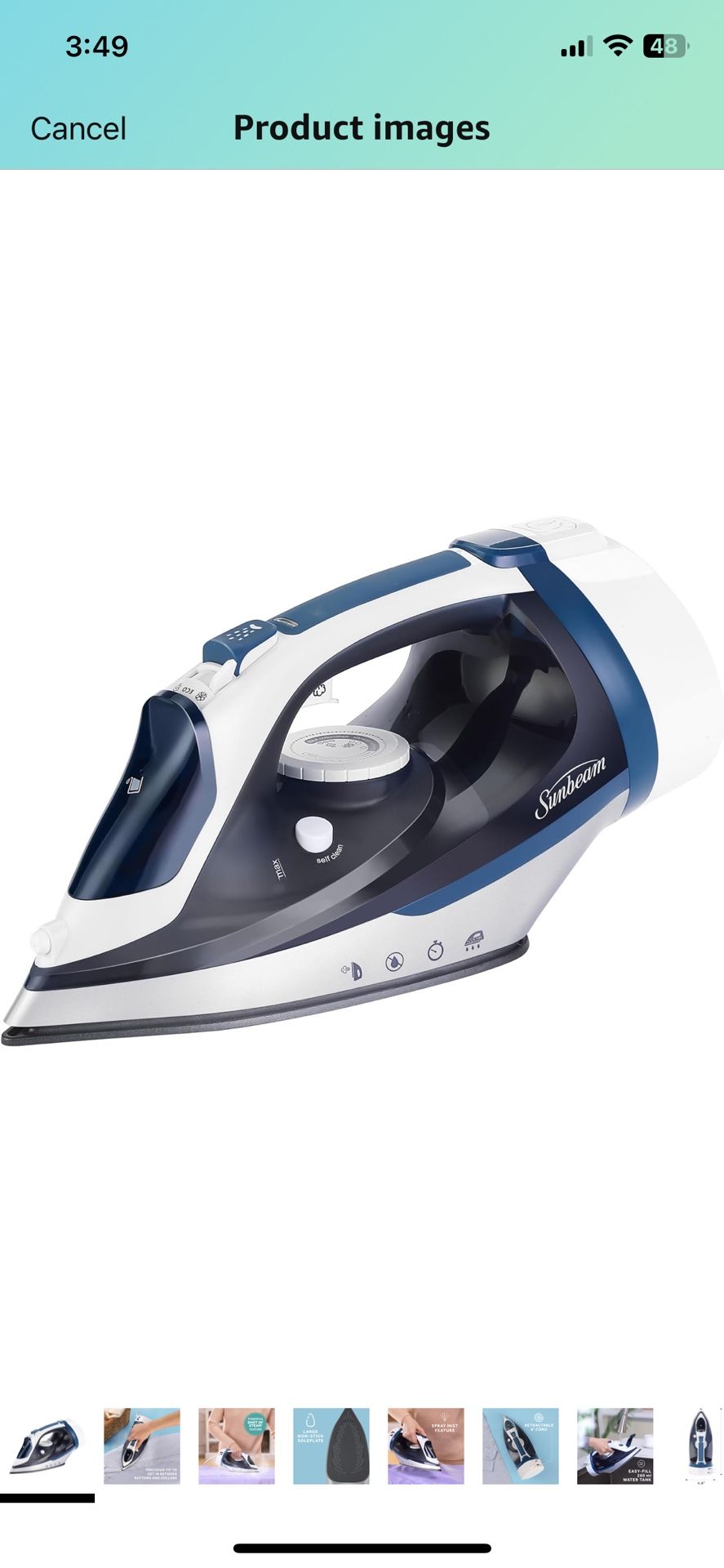 Sunbeam 1700W Steam Iron, 8' Retractable Cord, Variable Temperature Select, Non-Stick Soleplate, Dual Spray Mist, Horizontal or Vertical Shot@E16-94