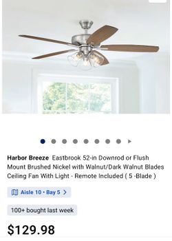 Ceiling Fan Harbor Breeze Eastbrook 52-in Downrodor Flush Mount Brushed Nickel with Walnut/Dark Walnut Blades Ceiling Fan With Light Remote Included (