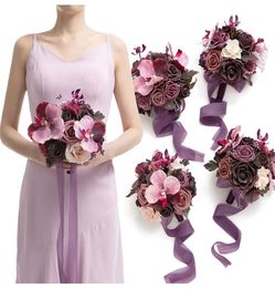 Artificial Flowers Deep Plum Bridesmaid Bouquet 4 Pcs Purple Wedding Flowers, 7 Inch Bridal Bouquets, For Bridesmaids