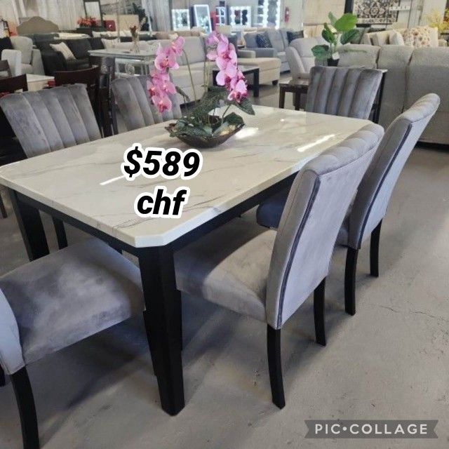 Thanksgiving 7 Piece Faux Marble Top Dining Table Set