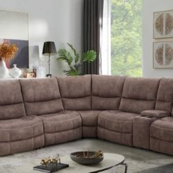 Brand New Super Plush Dark Brown Reclining Sectional Sofa 