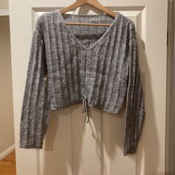 Grey v neck drawstring front crop sweater for women