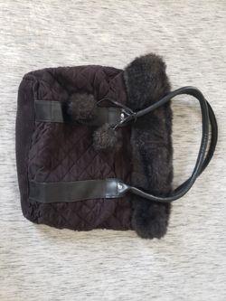 Black Fur Trim Tote Bag Purse with Poms