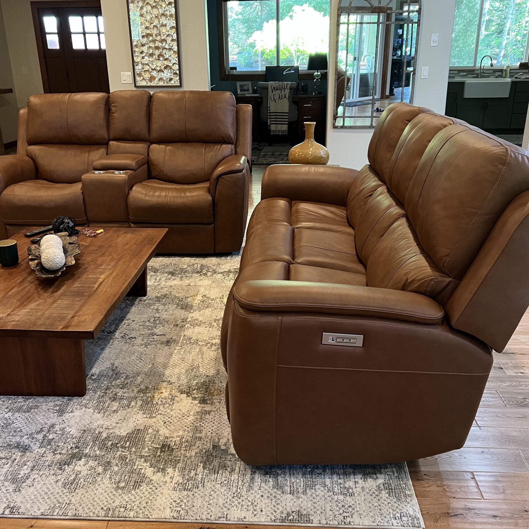 Flex steel Henry Tan Leather Power Reclining Sofa And Loveseat