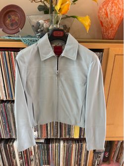 PRICE DROP: NWOT,COLE HAAN, M, logo-lined, BLUE-GRAY LAMBSKIN LEATHER Jacket