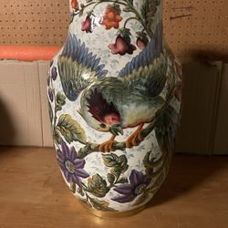 Antique Keller Gudrun Iuneville hand Painted BIRD and flowers VASE