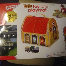Train Depot Toy Tote Playmat With 2 Wooden Cars: 1 Engine/1 Coal Car In Box - Never Opened