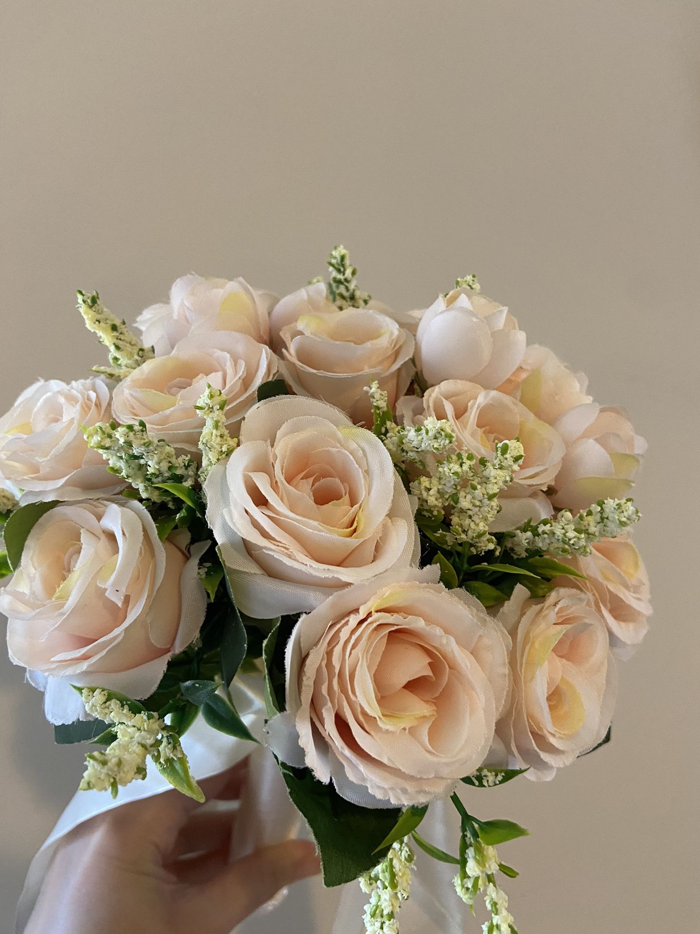Holding Flowers Artificial Natural Rose Wedding Bouquet with Silk Satin Ribbon Pink White Champagne Bridesmaid Bridal Party Color: Champagne Message m