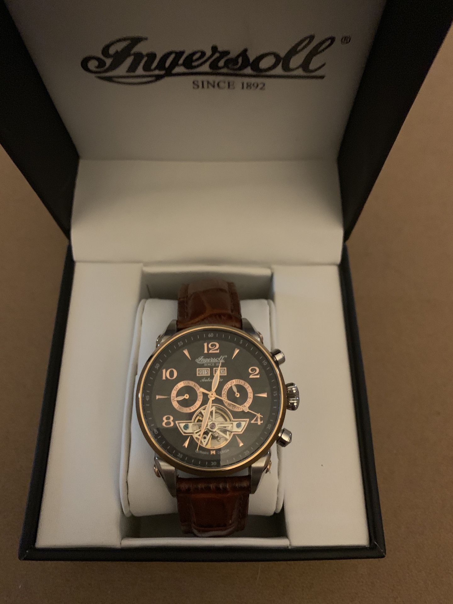 Ingersoll San Bernardino day date rose gold watch.