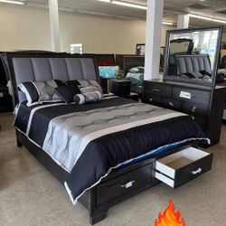 Upholstered Storage Bedroom Set Queen or King Bed Dresser Nightstand Mirror Chest Options Jaymes 