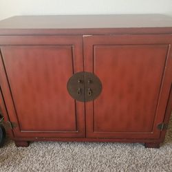 Red Laquered Asian Style Credenza With Opening Doors, Storage Shelves - Cabinet, Hutch, Dresser