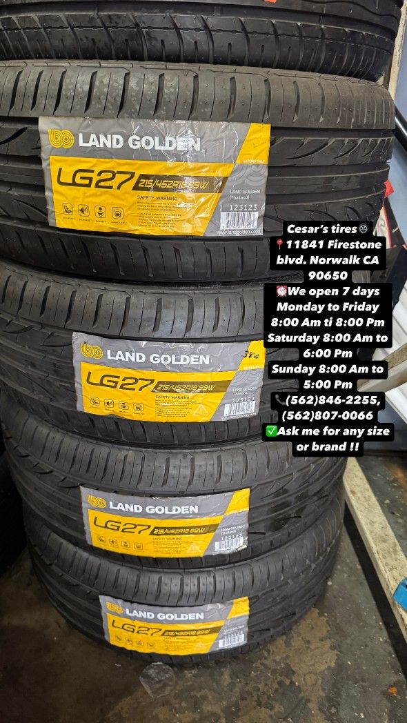 215/45R18 LANDGOLDEN A SET OF FOUR NEW TIRES, INCLUDES MOUNTING AND BALANCING WITH WARRANTY, ASK ME FOR ANY SIZE OR BRAND, WE HAVE THE BEST PRICES!!