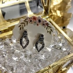 925 Sterling Silver Marcasite Movable Stud Drop Dangle Earrings