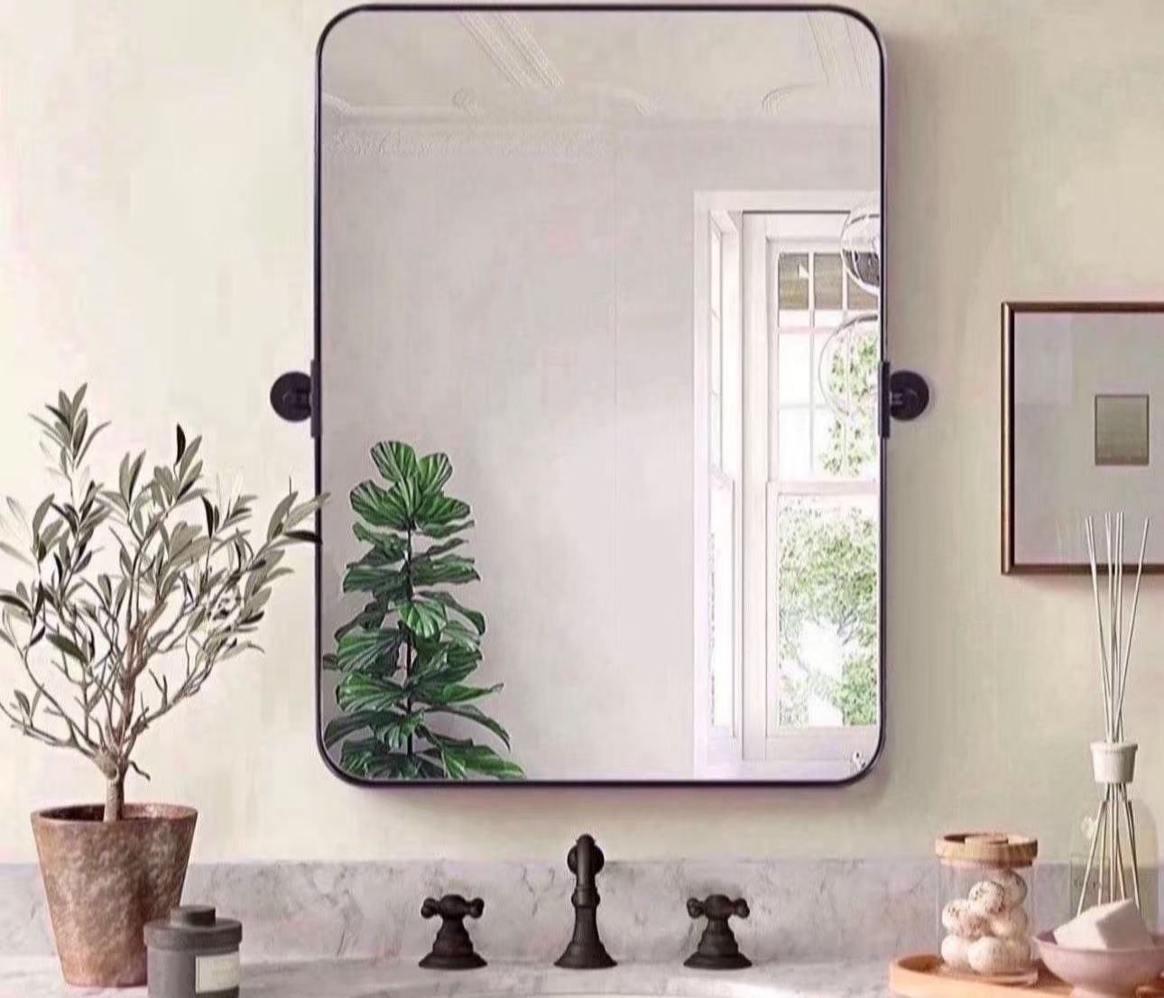 MOON MIRROR 24"x36" Matte Black Pivot Mirror for Bathroom, Metal Frame Bathroom Mirrors for Wall,Rectangle Titling Vanity Wall Mirror with Rounded Cor