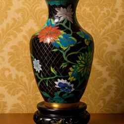 Chinese 1950s Black Cloisonné Vase Chrysanthemum Pattern Black Base 2.25x7.75”