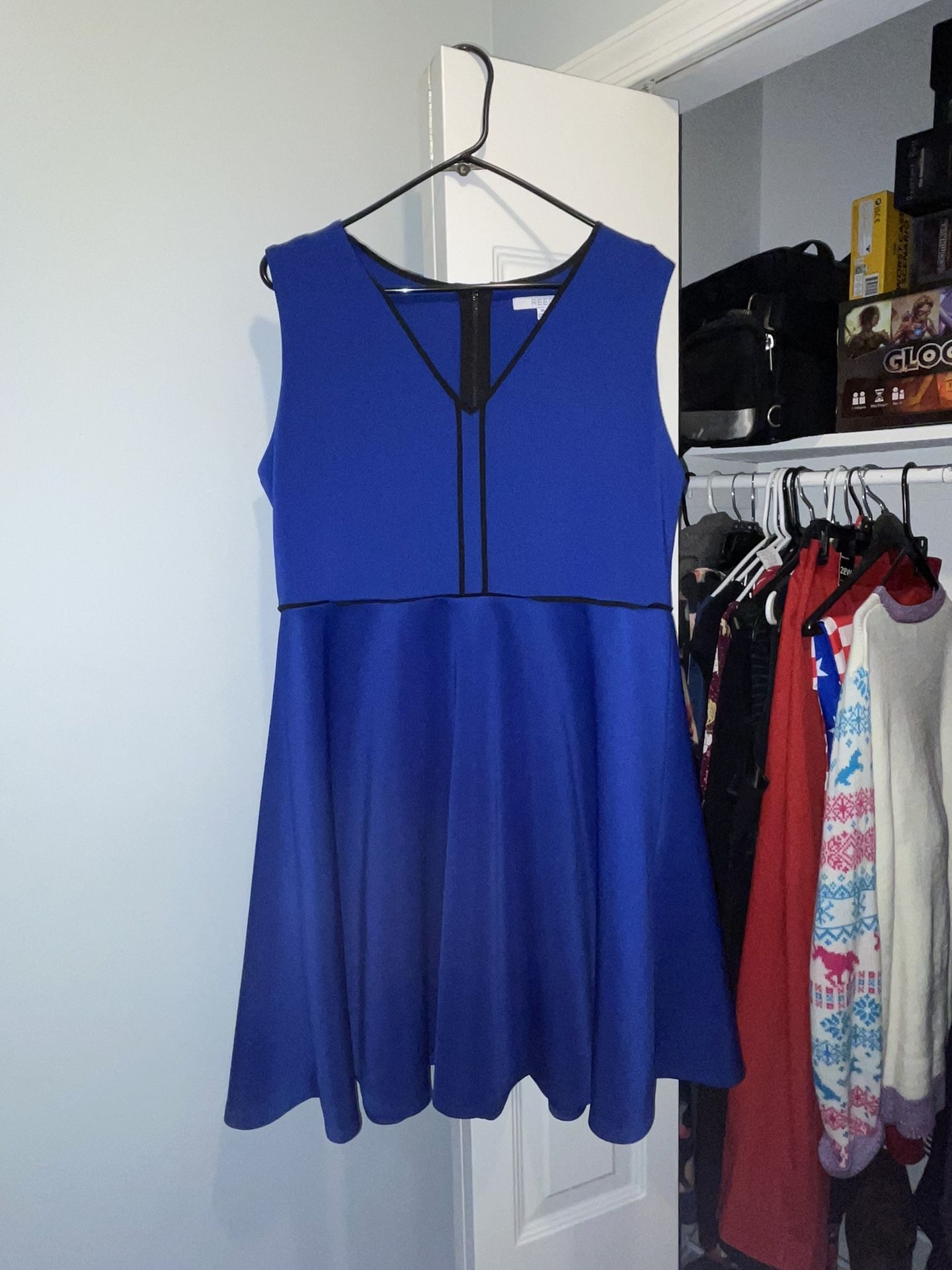 Blue Dress with Black Piping Details - Size XL - Midi Length Sleeveless