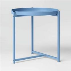 Outdoor Steel Round Side Table – Stylish Patio Tray Top Accent Table in Blue