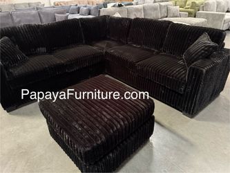 NEW Black Teddy Bear Fluffy Plush Fabric Sectional Couch and Ottoman Set Jerome Ashley Mathis Style BIG Couch Discount SALE  Modern Classic Clearance