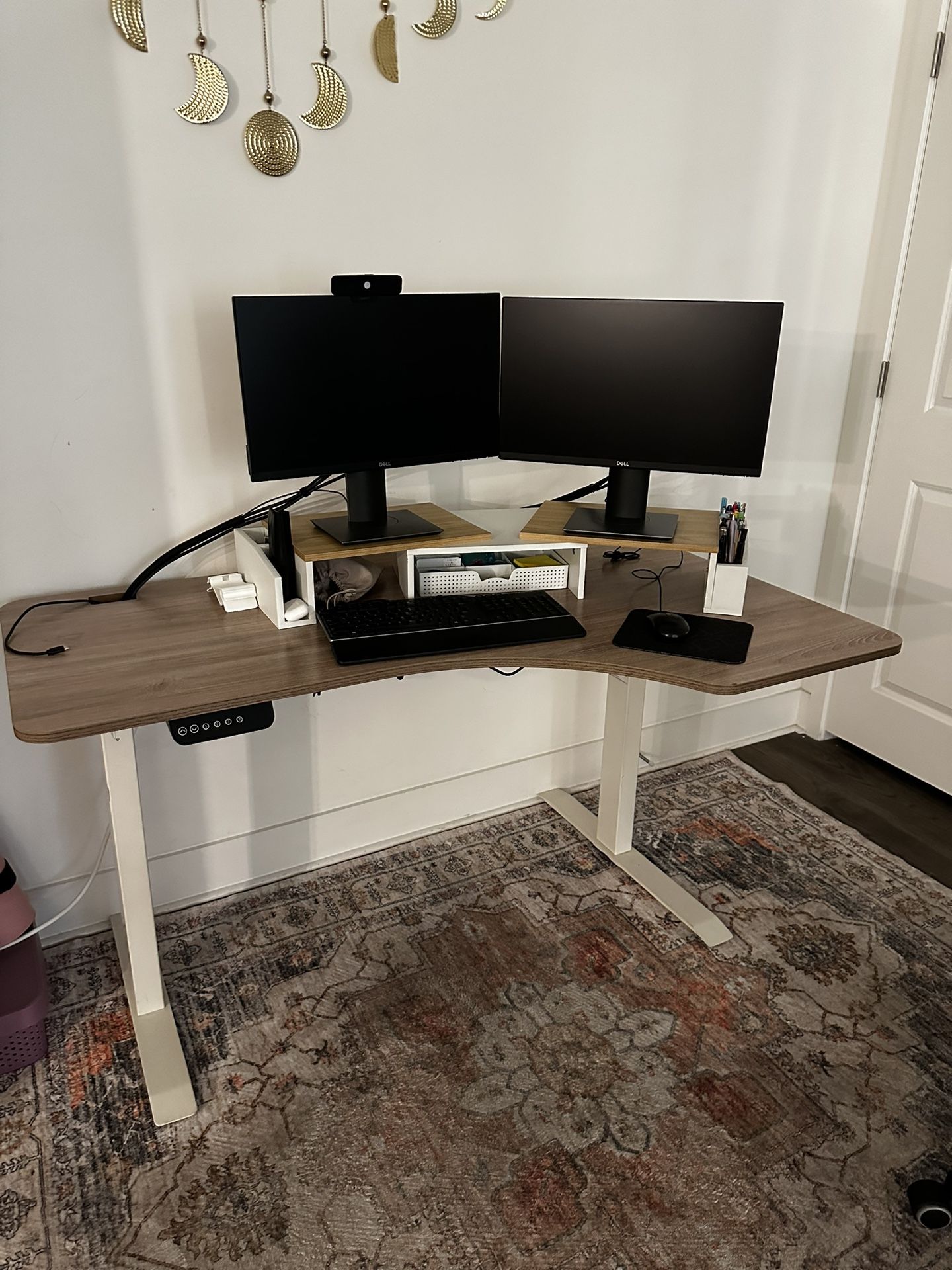 Electric Sit/Stand L-Shaped Desk + Monitor Stands (includes drawer)