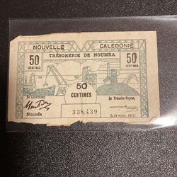 Vintage Banknote Currency , 1943 Tresorerie De Noumea ,50 Centimes