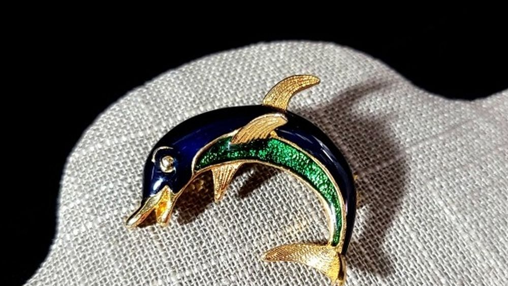 Gold Tone Dolphin Brooch With Blue And Green Colour Splashes And GOLD Stones