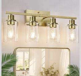 4 Light Bathroom Light Fixtures, Brass Vanity Lights for Bathroom with Clear Glass Shades, Modern Ba