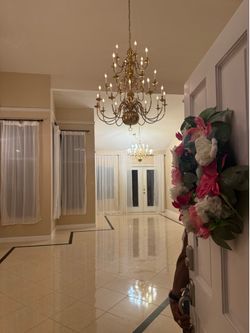 Large vintage gold chandeliers + wall sconces full set
