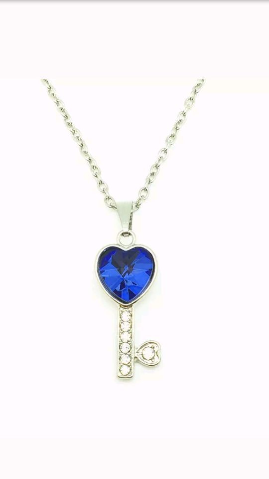 Blue Rhinestone Key Necklace